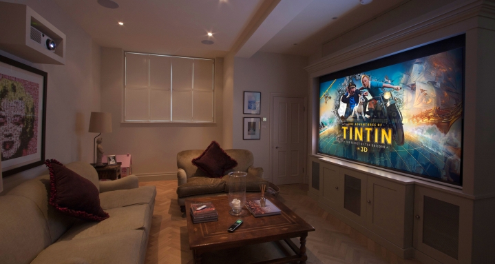 Fulham home cinema with RTI handset, Panasonic projector and B&W Surround Sound