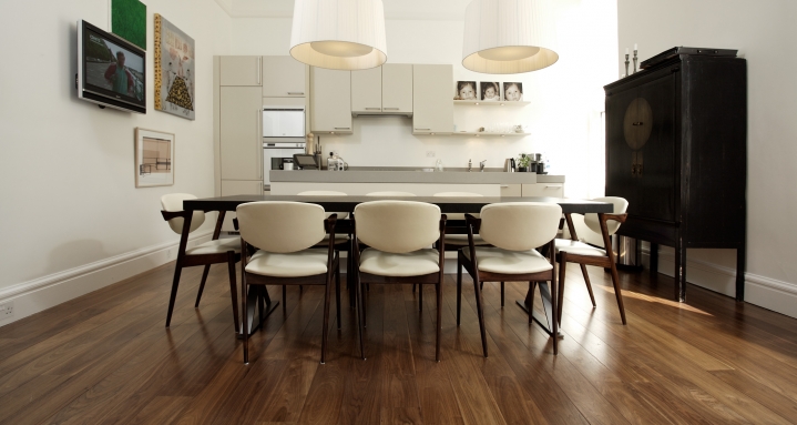 Kitchen with wall mounted Sony LCD screen and in-ceiling loudspeakers