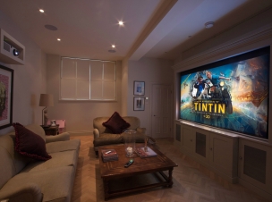 Fulham home cinema with RTI handset, Panasonic projector and B&W Surround Sound